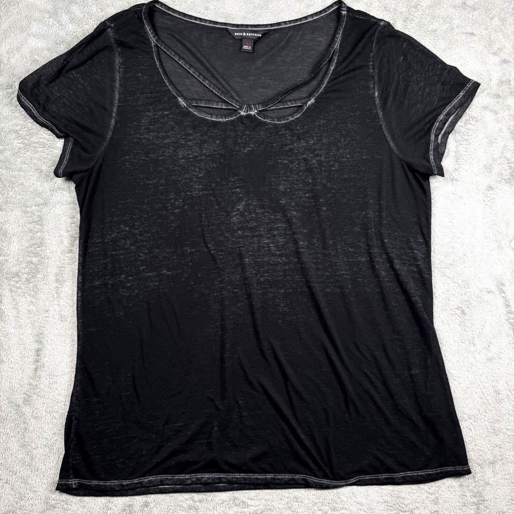 Burnout Sheer Top Women's L Black Cutout V Neck Short Sleeve Tee Goth Witchy